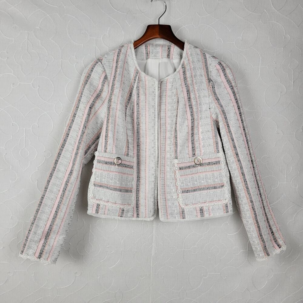 Laundry by Shelli Segal Womens Jacket Size S Pink Tweed Metallic Striped Cropped
